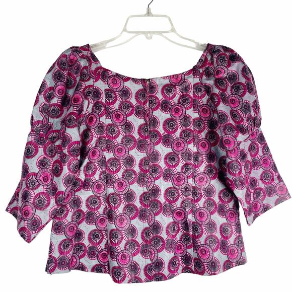 Handmade Top Geometric Circle Print Ruched Bodice Cropped Lined Puffed Sleeves M - Picture 5 of 8